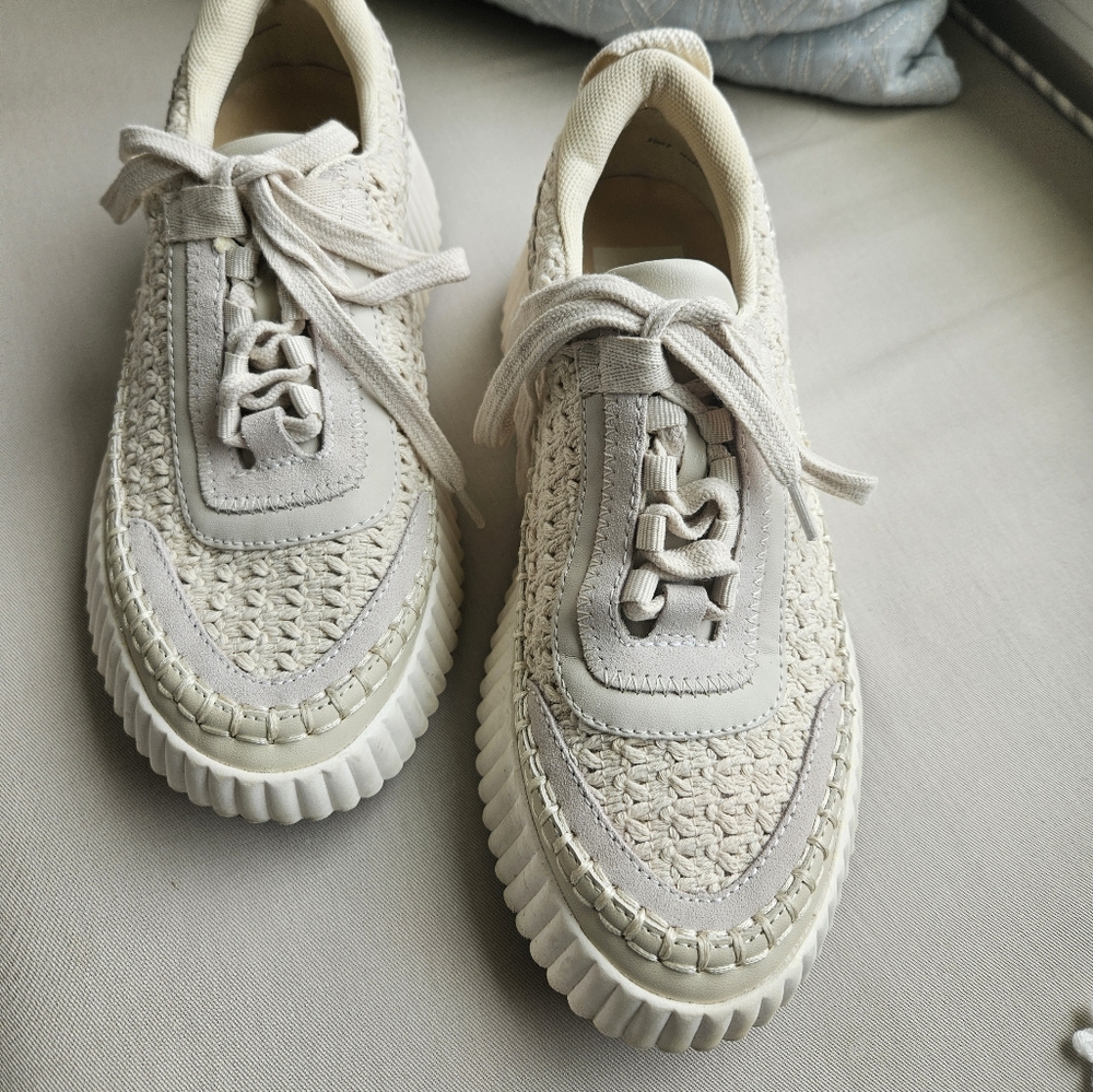 Dolce Vita Cream Woven Sneakers with Lace-Up Design